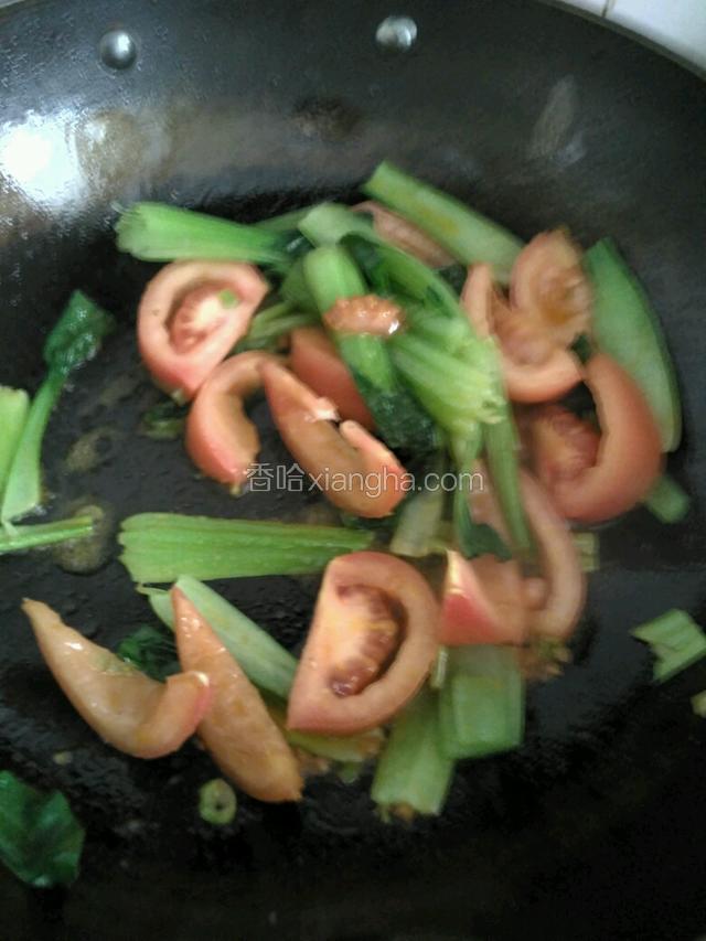 放蕃茄和油菜帮，加盐大火炒匀，