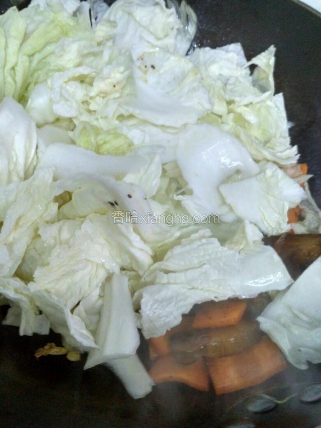 放白菜，加盐，大火将所有材料一起炒，直到白菜炒软，