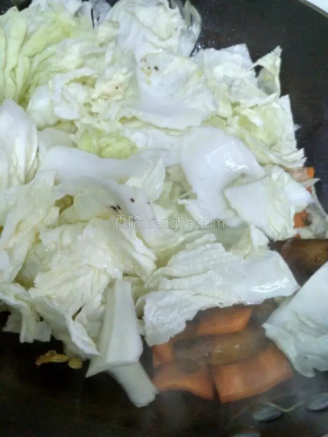 放白菜，加盐，大火将所有材料一起炒，直到白菜炒软，