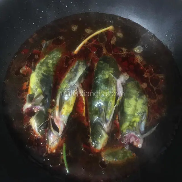 放入汪丫鱼，放葱段，清水和鱼持平开大火煮开几次转中小火慢慢收汁