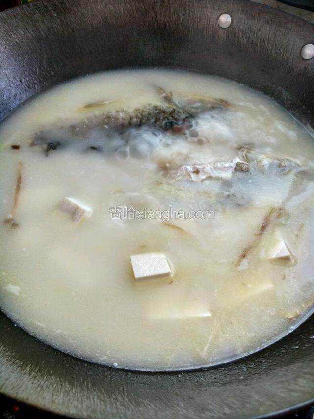 大火煮开后转中火煮15分钟后放入切好的豆腐块，再煮10分钟，加盐和味精调味即可出锅盛入汤碗撒点葱花。