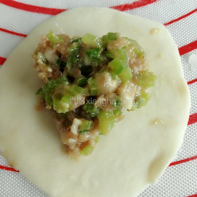 取一张饺子皮，放上适量馅料