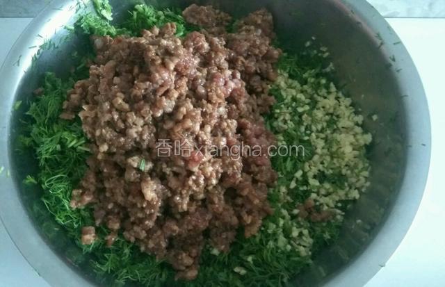 放入猪肉糜。适量盐和芝麻油。