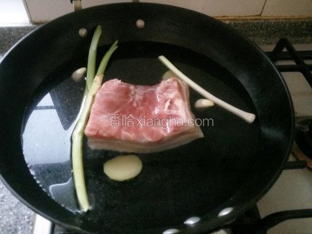 五花肉凉水放锅煮熟，蒜，姜葱一起煮到筷子能扎透就可以了。
