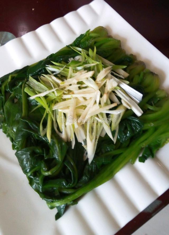 把之前码好的菠菜盘拿回来，在菠菜上层铺盖葱丝蒜丝！