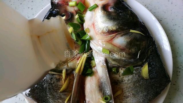 放上鱼头，上面也铺上葱姜。倒入料酒，腌制半小时。