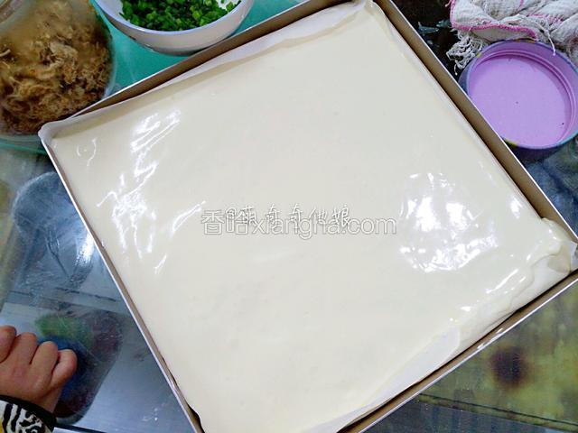 烤盘提前铺好油纸，将蛋糕糊倒入，用塑料刮板将表面抹平，然后端起烤盘震几下震出大气泡。