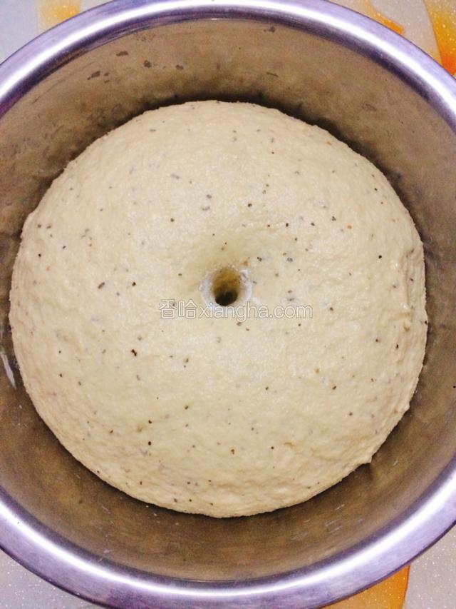 面团发酵至原来的两倍大，用手沾面粉戳一个洞，洞不会回缩，就表示已经发好了。