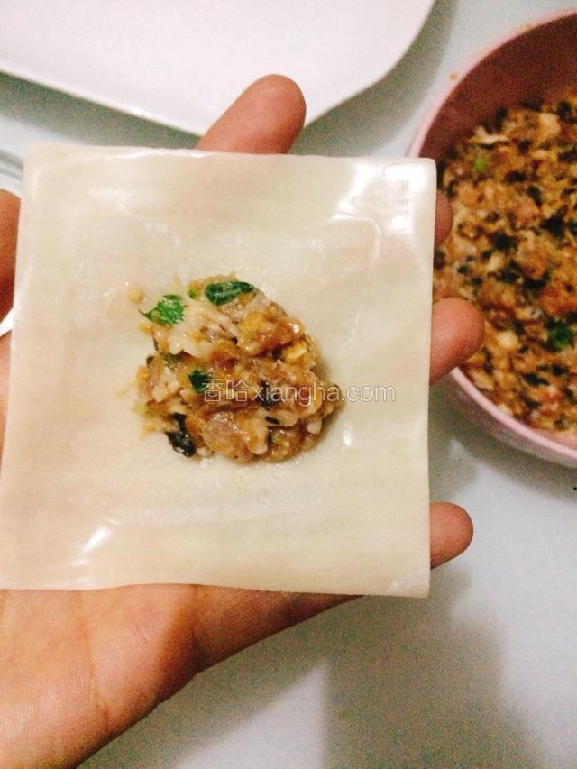 然后用筷子或者直接用手蘸水，把云吞皮的边缘沾上水。