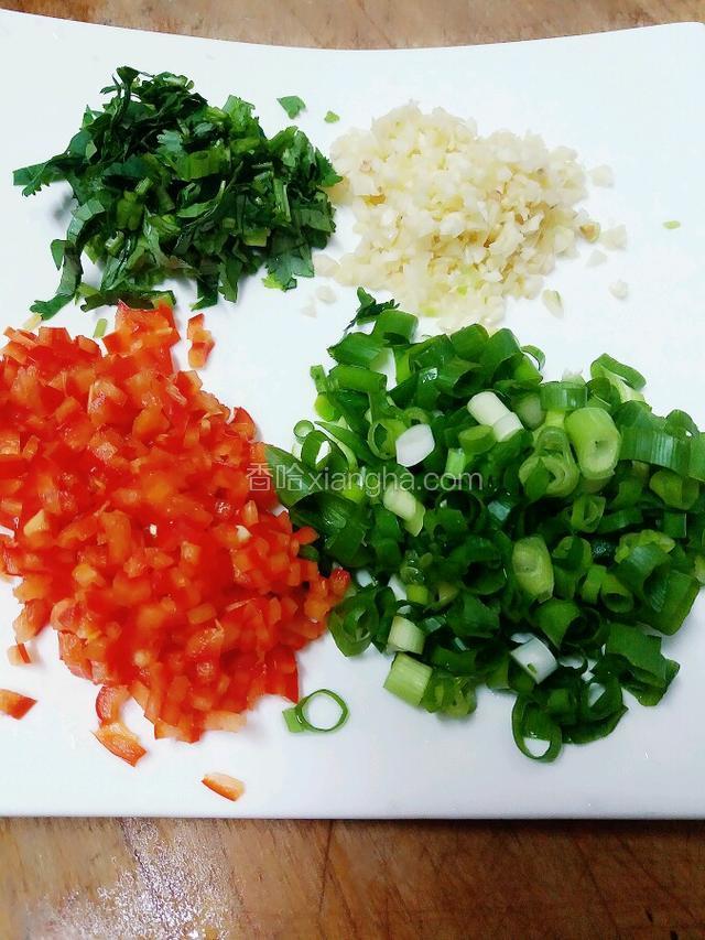 甜椒 葱花 香菜 大蒜都切碎
