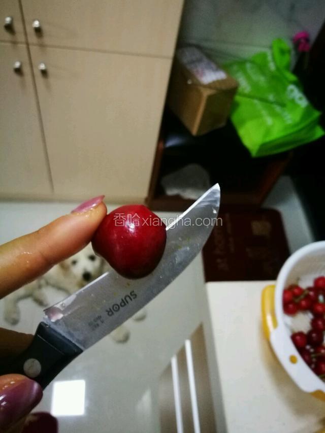 准备樱桃 刀子沿着边缘对半划开后 掰开去核