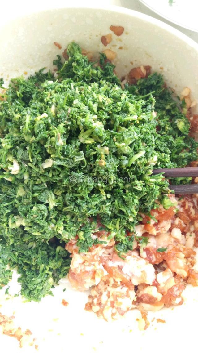 把荠菜剁碎放入腌好的肉中。