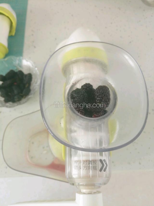 用果语原汁机依次把桑椹和苹果摇出汁