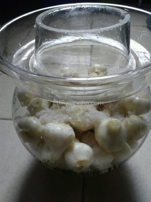 把泡了一天盐水的蒜头放入坛子里，撒上一点粗盐（坛子要无油无水）