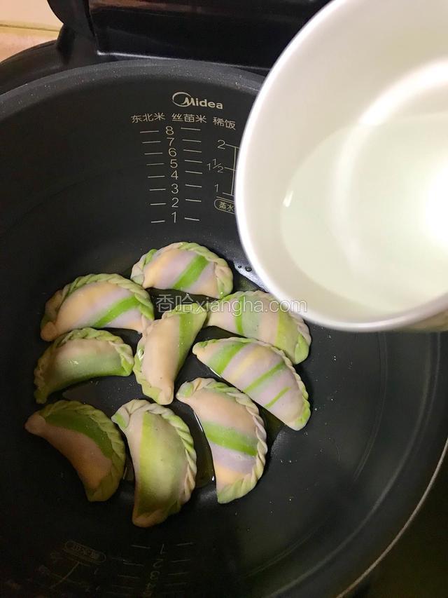 加入淹饺子一半的水（若是立着放的，加至饺子的1/3就可以）