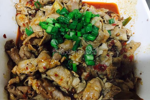 把煮好的大料倒进羊肉盘中撒上少许葱花