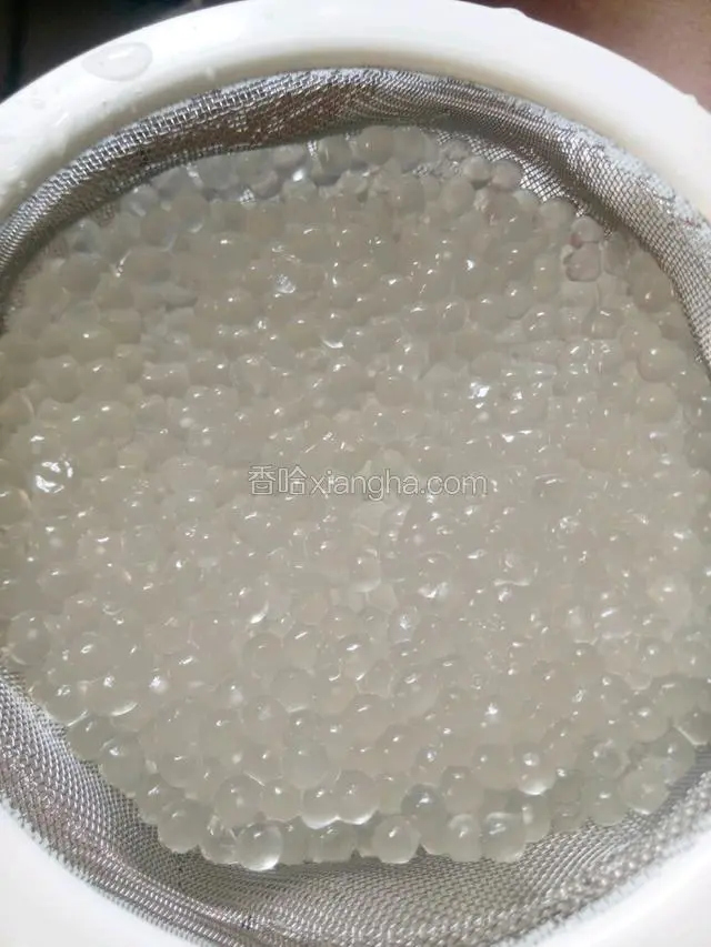 煮好的西米成透明状，过一下凉水备用。