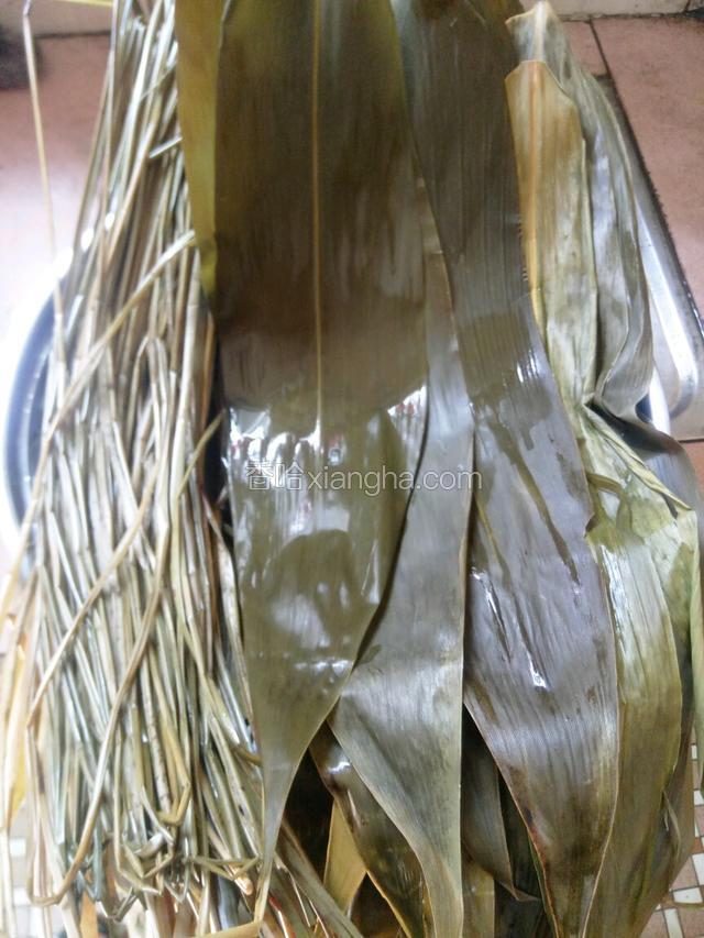 把粽叶和马莲草烧开水煮半小时洗干净剪去叶炳晾着备用。