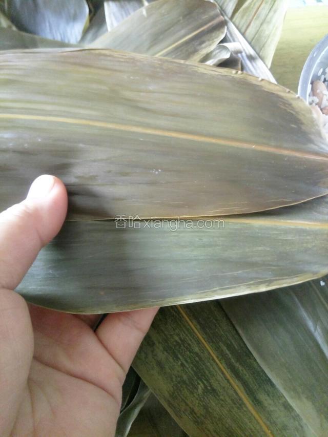 把两片粽叶放在一起。