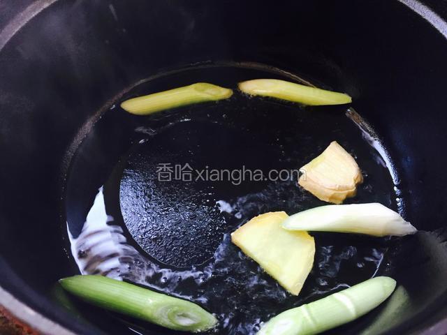 锅烧热倒入油，油热后放入姜片和葱段炒出香味。