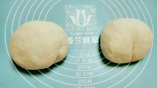 取出面团，揉到表面光滑，排出面中的气体。然后一分为二，一个稍大。将大面团放置一边，盖上盖子。