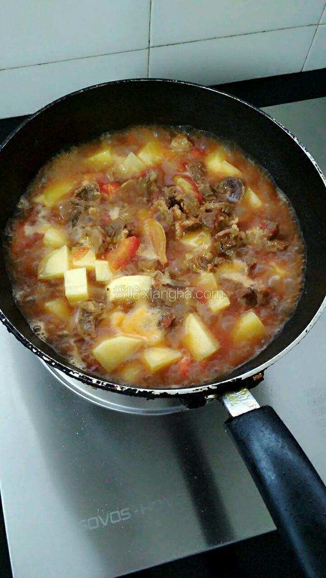 倒入土豆、盐、酱油、黑胡椒粉和冰糖继续煮