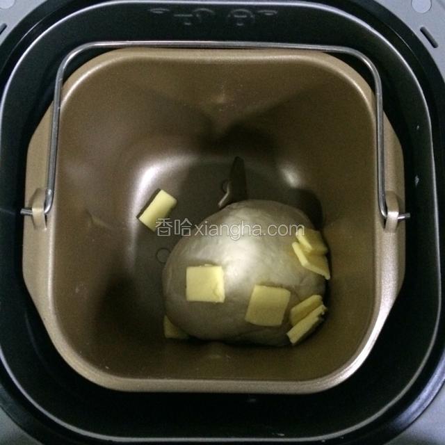 揉至10分钟面团成型后，加入黄油继续揉面约10分钟成均匀的面团。