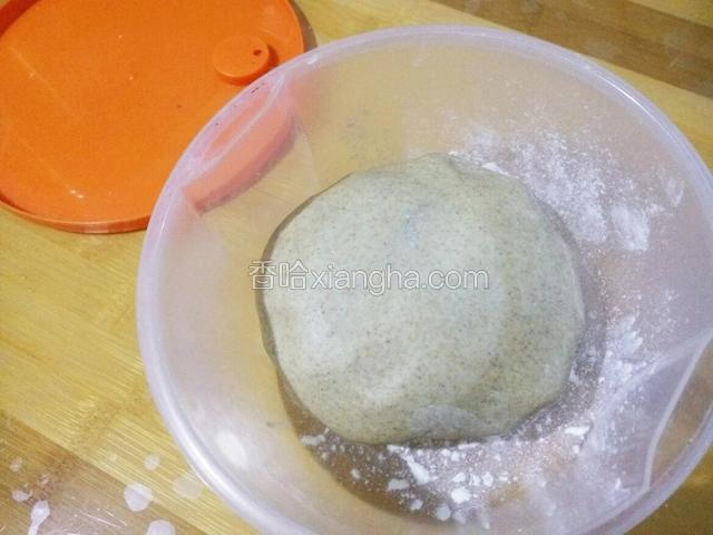 盆里撒一些干粉 再放入面团密封发酵