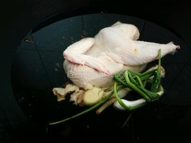 加栀子，姜，葱，鸡，胡椒粉，盐一起放入锅中煮。