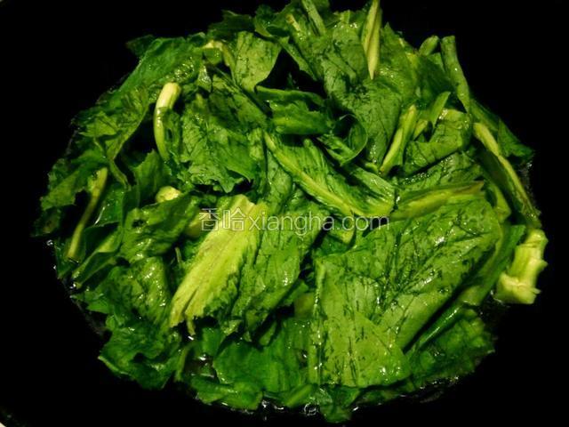 放苦麦菜、滴几滴油、煮5分钟、（放油是为了苦麦菜滑一点、也能保持苦麦菜的颜色）