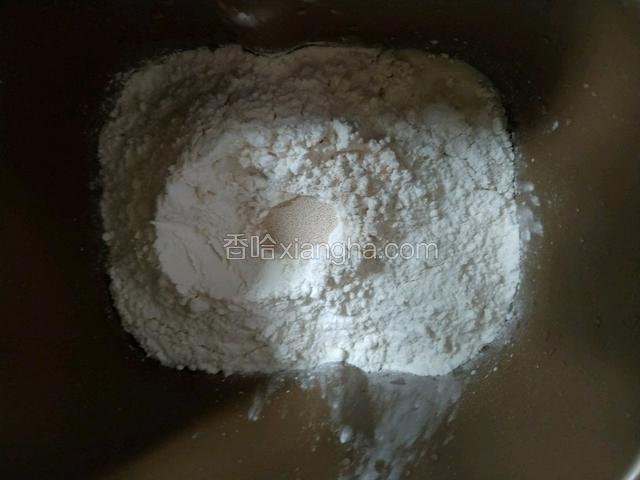 放入面粉，顶部挖一小坑放入酵母。启动面包机揉10分钟左右成团。