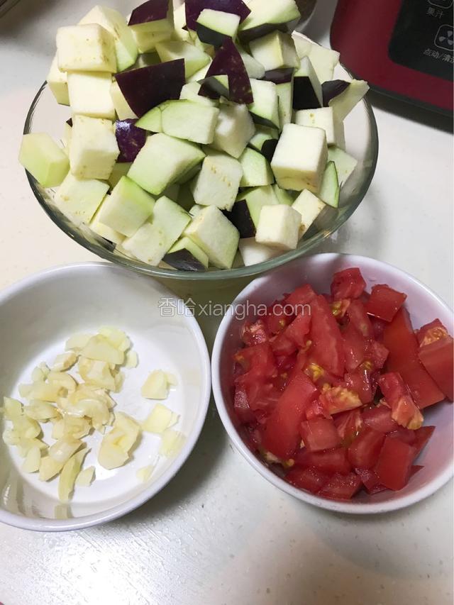 茄子、西红柿洗净切成丁，蒜拍碎备用