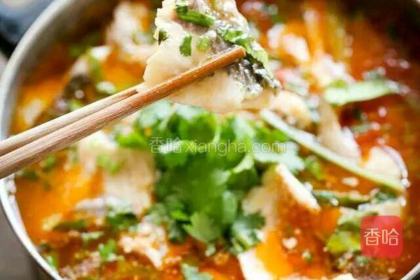 两勺热油浇在鱼片上,撒上香菜和葱末就可以享用了.