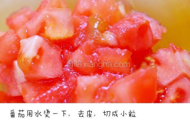 番茄用水烫一下，去皮切粒。宝餐提示：番茄是对生长发育极好的蔬菜，酸酸甜甜几乎所有的宝宝都爱吃。生吃番茄获取的是更多的维生素C，炒熟之后番茄红素会更容易被身体吸收。所以，怎样吃都好