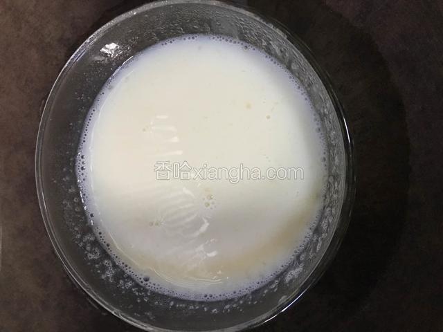 吉利丁粉用牛奶泡开，加入白砂糖，隔水加热至吉利丁粉完全融化。
