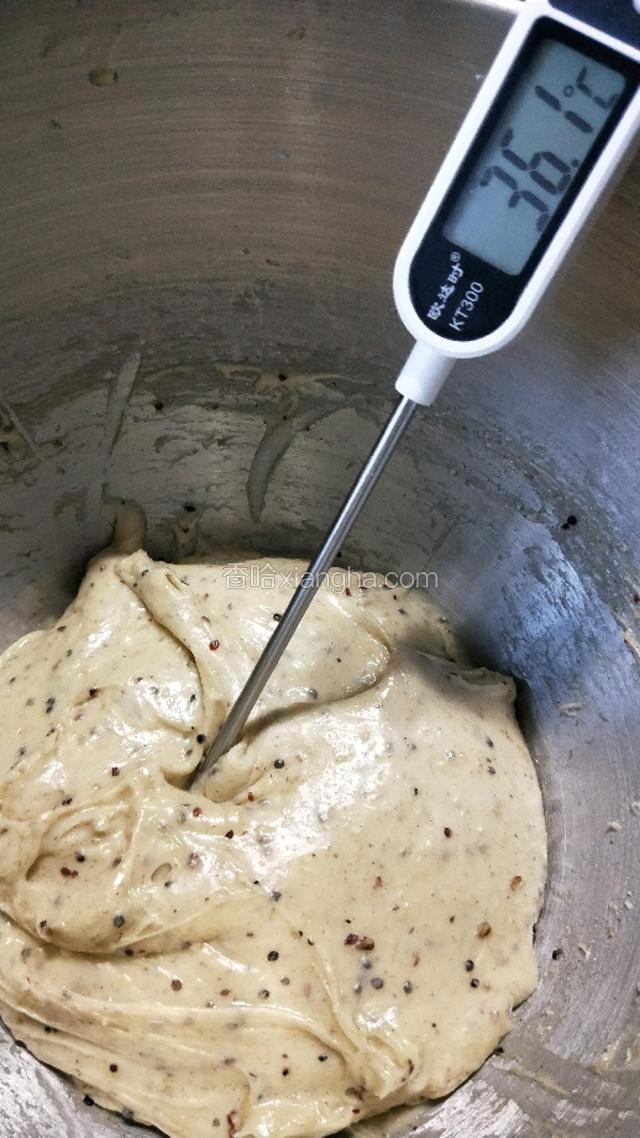 炎热夏季，揉好的面团如图看温度表。(由于机器摩擦，内部温度偏高，很多粉丝都说容易一发发过）。