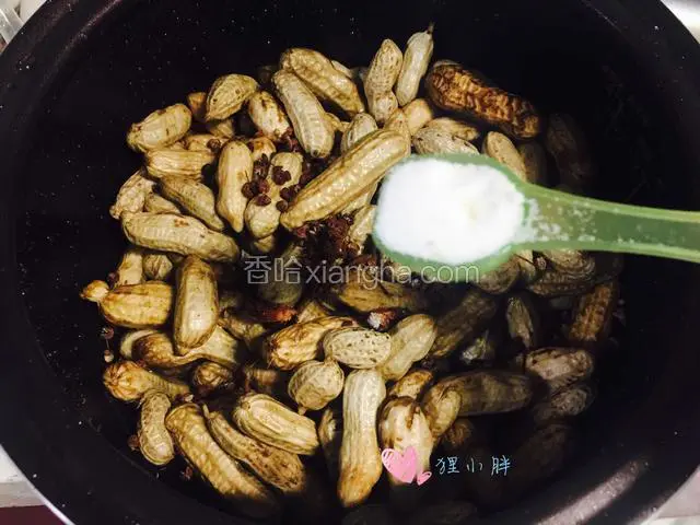 花椒，大料和盐放进去，盐水花生嘛，盐可不能省了