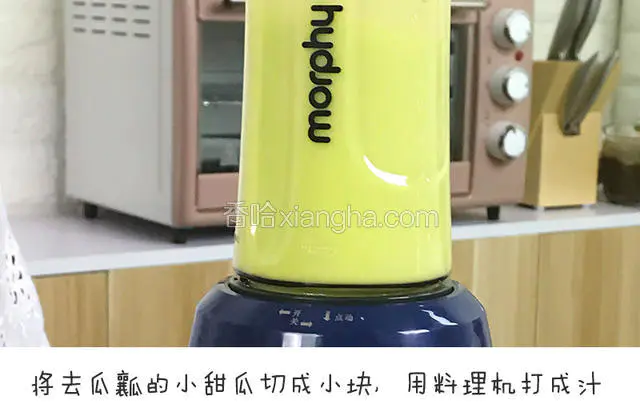 将去瓜瓤的小甜瓜切成小块，用料理机打成汁