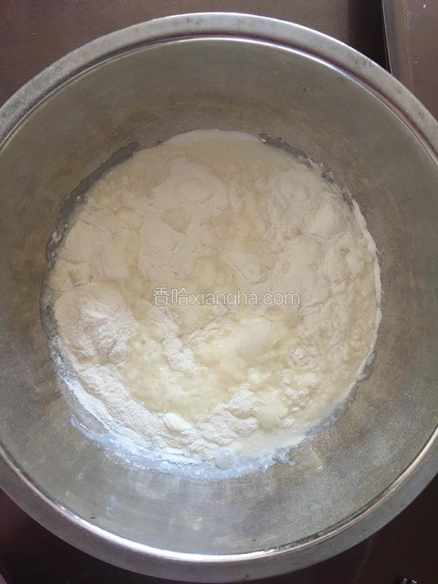 倒入纯牛奶，用打蛋器按顺时针方向先搅拌均匀。