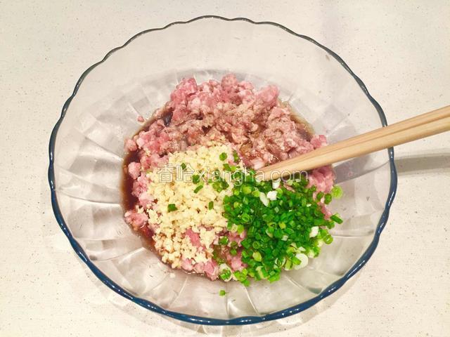 瘦肉馅中依次加入生抽、蚝油、料酒、十三香、姜末、葱花、香油和盐，用筷子朝顺时针方向搅拌均匀；