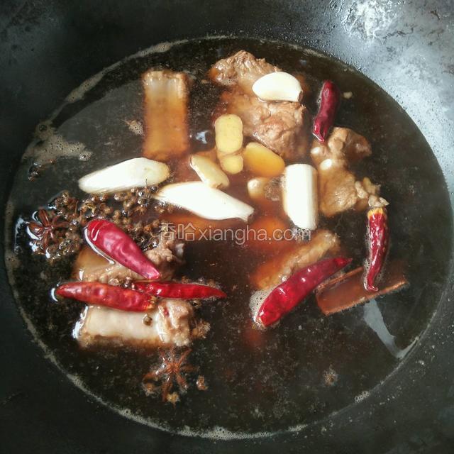 倒入清水没过排骨，加入葱、花椒、大蒜、八角、桂皮、干辣椒、姜片，煮开后加入适量盐（盐的多少由自己定，不要太咸了哦）加盖小火闷煮30分钟