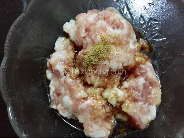 在肉沫中加入适量盐，生抽和十三香，拌匀