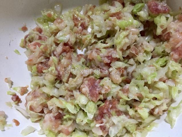 将白菜和肉沫拌匀