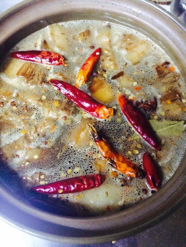 然后倒水淹过猪肉在沙锅炖
