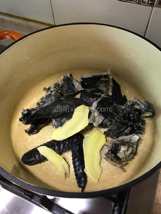 用温水冲洗掉附在鸡肉上的浮沬，姜切片一起放入铸铁锅或者汤锅中。