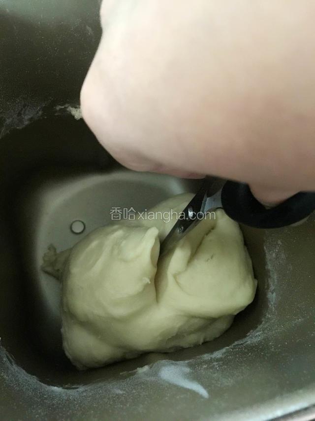 继续开启和面功能10分钟，然后拿剪刀对准和好的面团中间来一剪刀