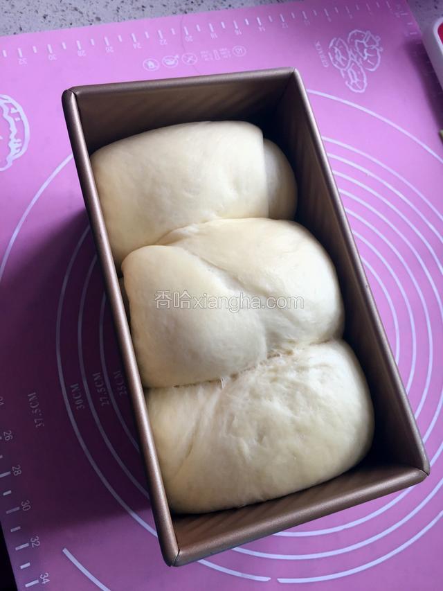 发酵至模具的九分满的时候盖上盖子，烤箱开始预热，上下火180度