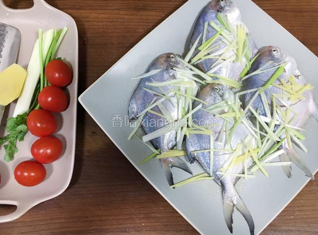 鱼身打上花刀（方便入味），用盐、料酒、葱姜丝腌制20分钟。