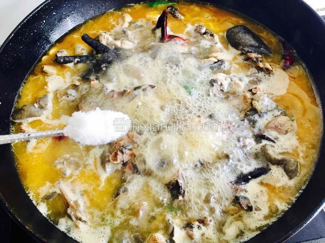 乌鸡炒至露骨出油就可以加入没过鸡肉的开水，加入适量的盐。