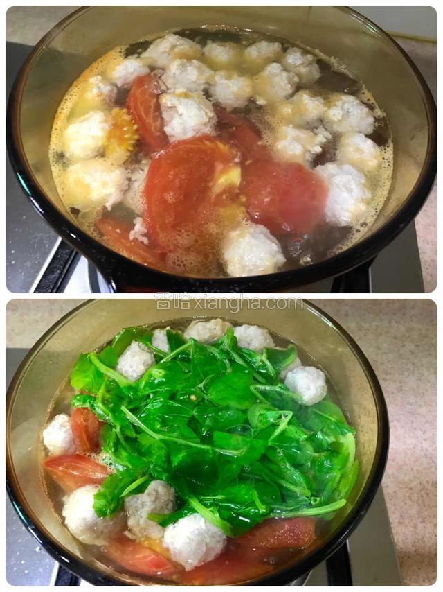 中火煮至肉丸全部浮起时放入先前淘洗干净的豌豆尖，烧开调入适量盐即可。